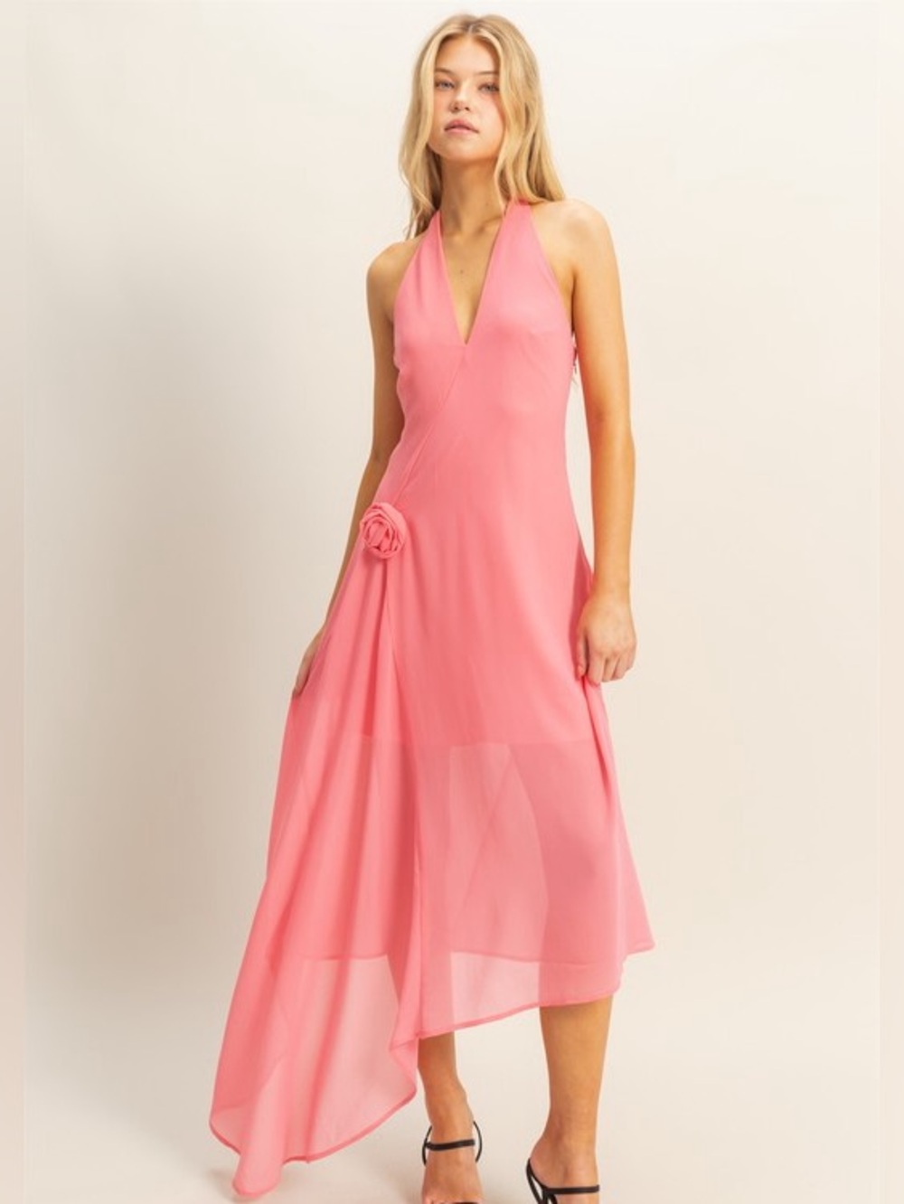 💖Hello Gorgeous! Chiffon Halter Asymmetrical Hem Dress - Rose